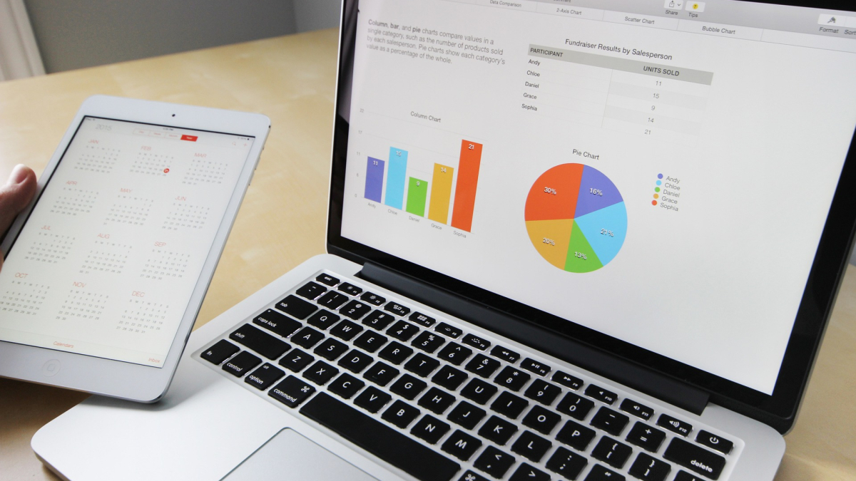Computer displaying bar graph and pie chart